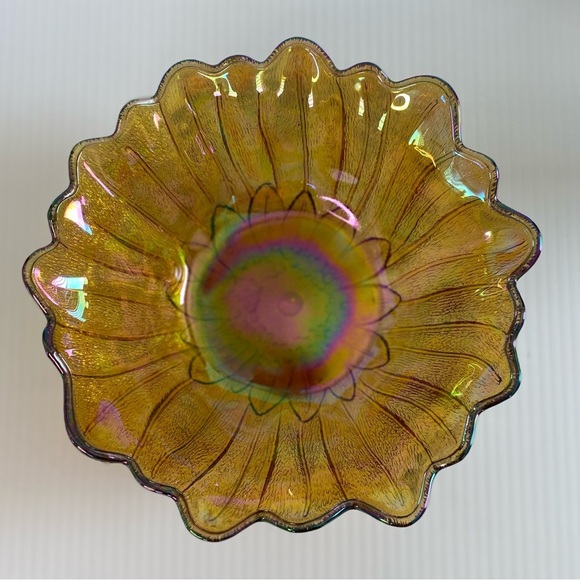 Vintage Indiana Iridescent Carnival Glass Sunflower Marigold Amber 7" Bowl - Picture 2 of 8